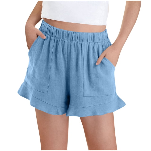 Short Pants for Boys and Girls, Linen-Blend Cotton Polyester, Side-Split Design with Button Closure, Five-Quarter Length, Solid Color, Casual Summer Wear