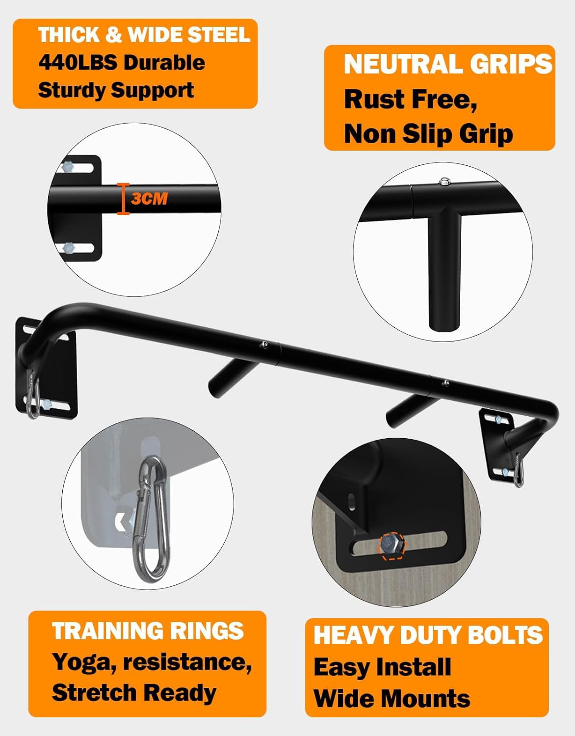 Heavy Duty Steel Construction Joist Mount Pull Up Bar, Wall Chin Up Bar Ceiling Mount for Beams, Home Gym Workout Equipment