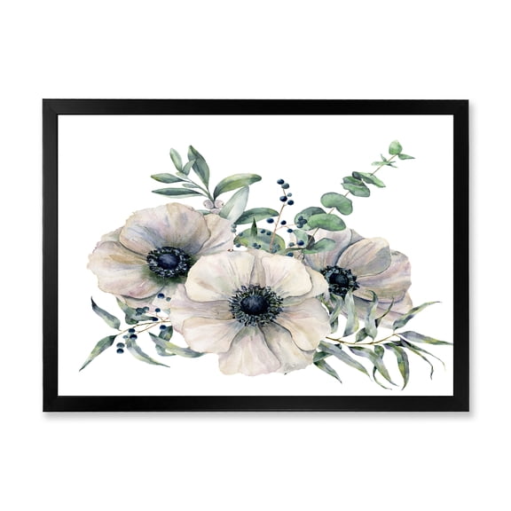 Designart 'Eucalyptus Leaves With White Anemone Bouquet' Traditional Framed Art Print