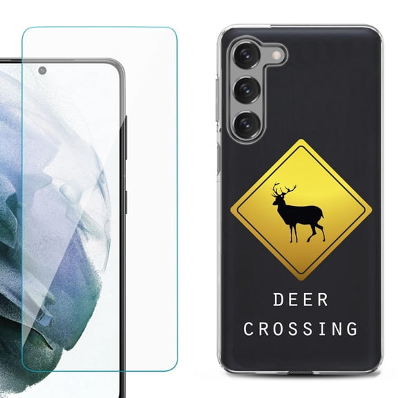 Shockproof Fashion Phone Case for Samsung Galaxy S23  / S23 Plus 5G, with Tempered Glass Screen Protector, by OneToughShield ® - Road Sign Deer