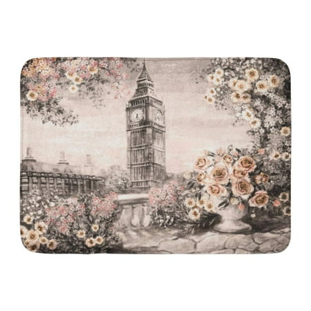 Flower Big Ben - KDAGR Oil Painting Summer in London Gentle City Landscape Flower Rose and Leaf View from Above Balcony Big Ben Doormat Floor Rug Bath Mat 23.6x15.7 inch