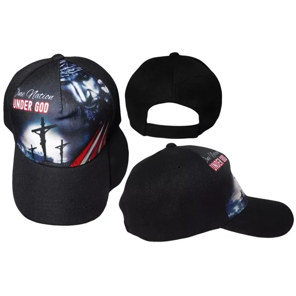 One Nation Under God 3 Cross USA Flag Black Printed Baseball Cap Hat
