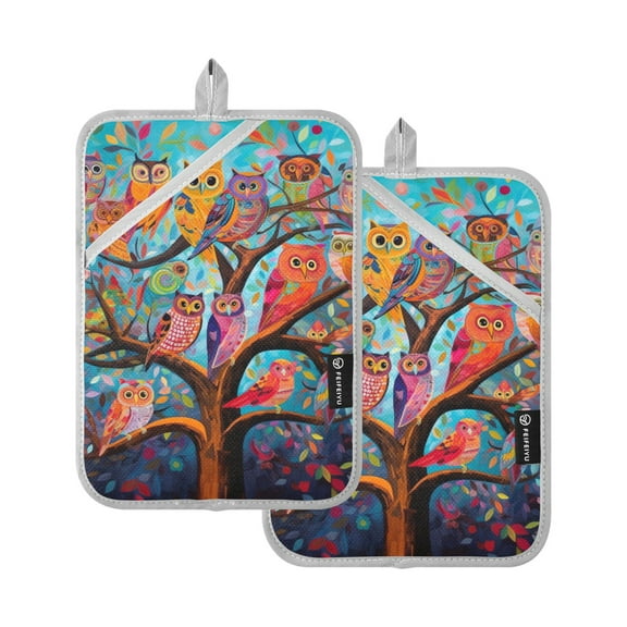 Pot Holders Set of 2 Heat Resistant 338℉ Kitchen Oven Gloves Potholder Cooking Baking Microwave Mitts Owls on Tree Branch