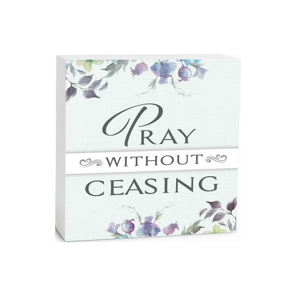 Pray Without Ceasing Pastel Blue Floral 5 x 5 Wood Tabletop Sign Plaque