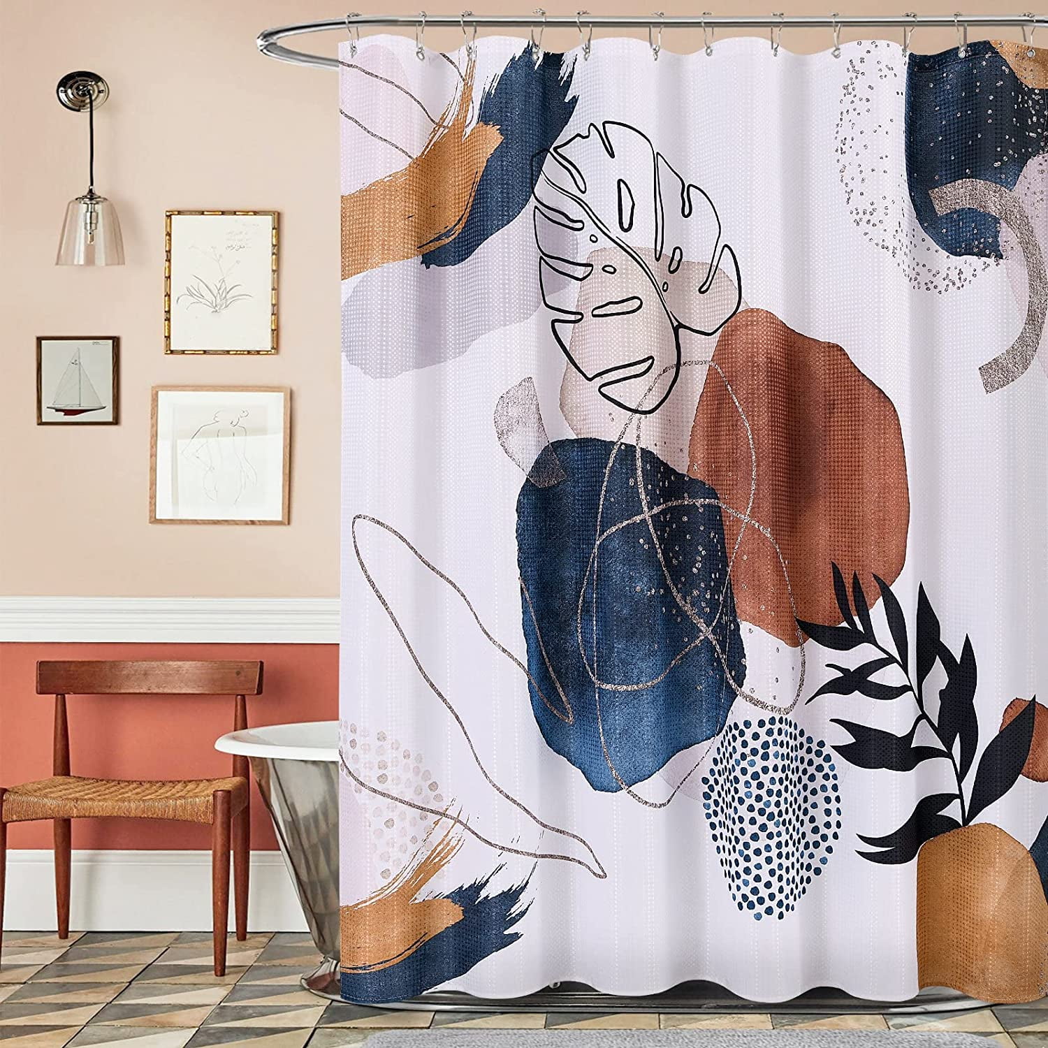 Boho Shower Curtain Gold Shower Curtain Mid Century Abstract Shower ...