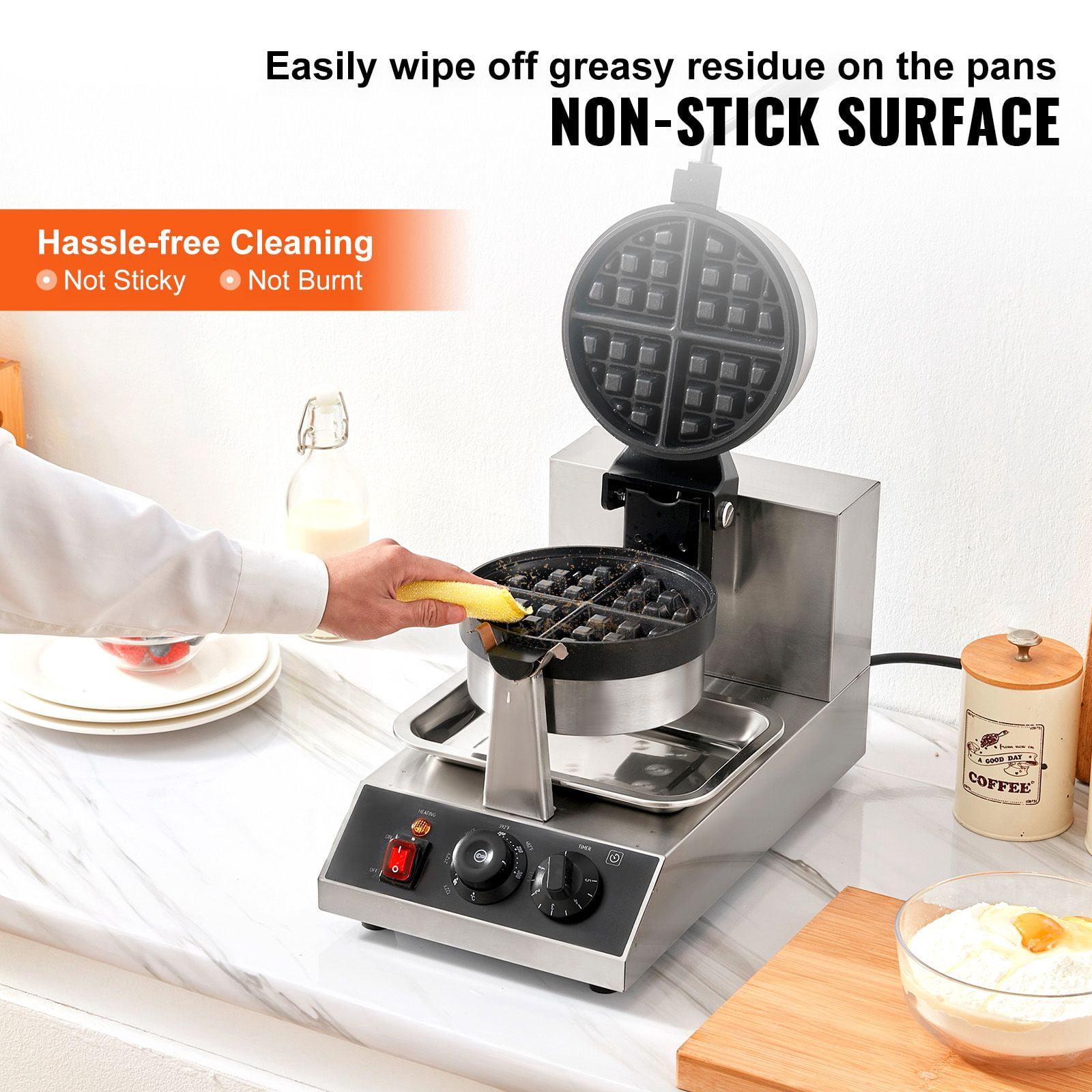Commercial Round Waffle Maker 1300W, Rotatable & Non-Stick, 120V - Create Perfect Waffles Easily