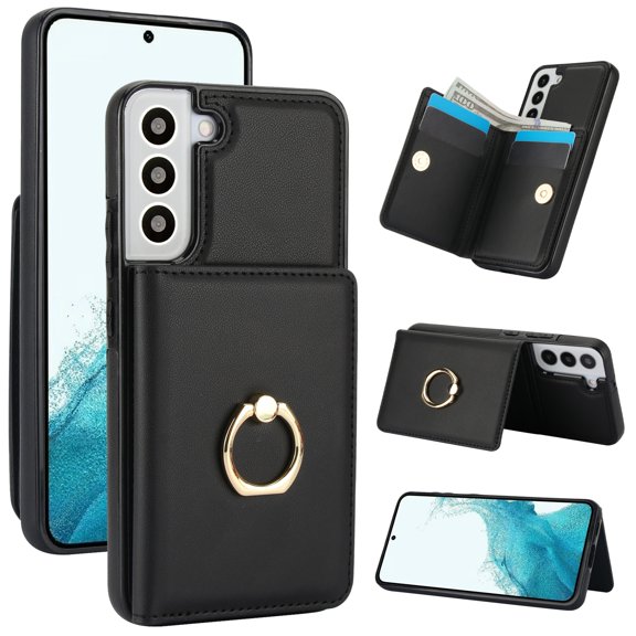 ELEHOLD Case for Samsung Galaxy S22 Plus,Business PU Leather Stand Case with Card Holder & Ring Holder,Black