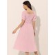 thumbnail image 3 of Vestido fruncido Allegra K para mujer con mangas abullonadas a cuadros Rosa S, 3 of 6