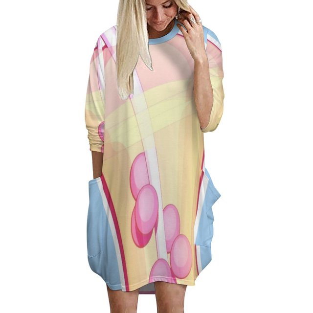 Bubble Tea Rose Automne Hiver Col Rond Manches Longues Robe Femme Nouvelle Mode Ample Robes Bubble Tea Tapioca Jus Thé au Lait Rose