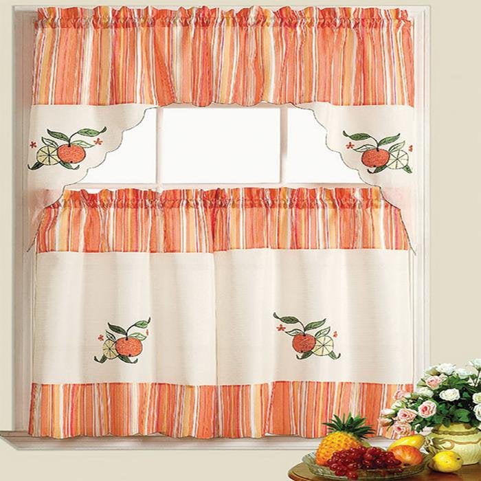 Citrus Garden Kitchen Curtain Set Swag Valance Two Tiers White Orange