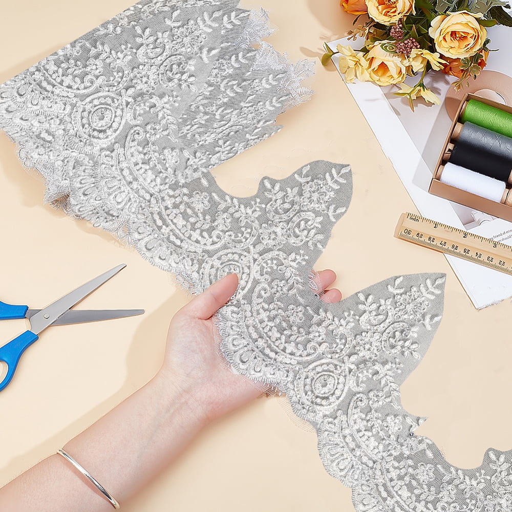 5 Yards Sparkle Embroidery Flower Polyester Lace Trim with Plastic Paillette Beads for Costume Decoration Silver 9-1/8 inch(230mm)