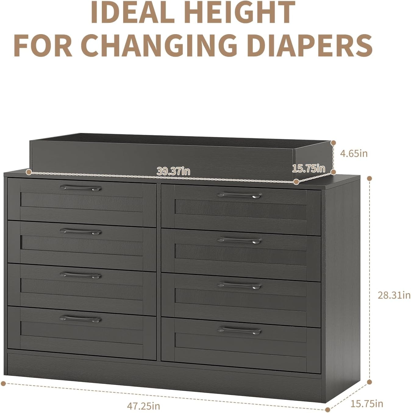 Baby Changing Dresser with 8 Drawers – Wooden Nursery Dresser with Safety Rail & Open Shelf, Changing Table Station Space-Saving Organizer