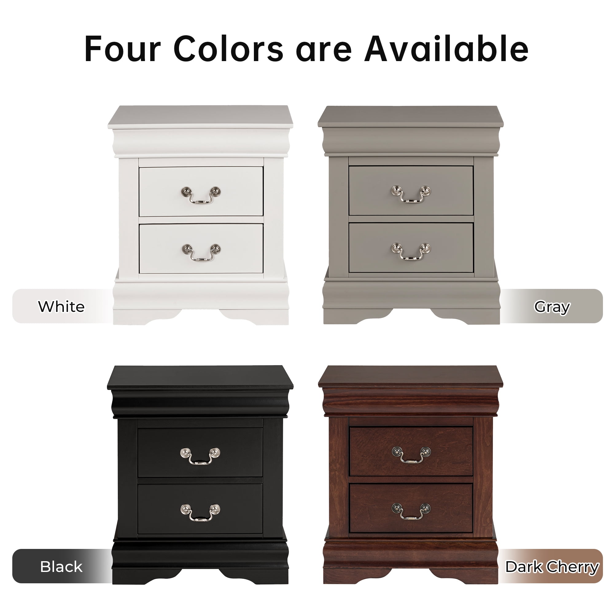 Leovanni Solid Wood Nightstand , End Table with Drawers and Metal Handles, No Assembly Required, For Bedroom, Living Room, Adult, Cherry