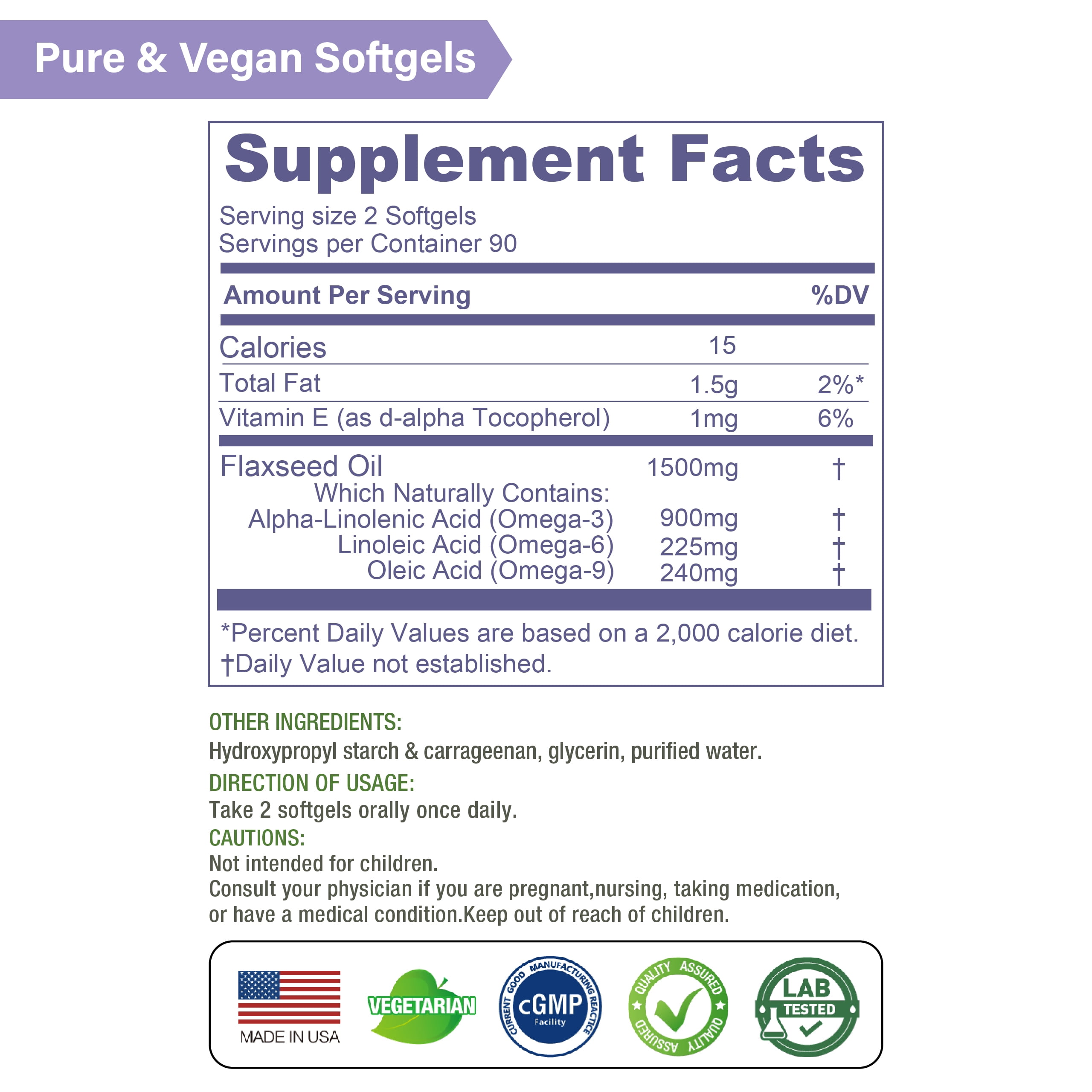 LOVITA 100% Vegan Cold-Pressed Flaxseed Oil: 1500mg with 900mg ALA Omega-3 per Serving. Organic. 180 Softgels.