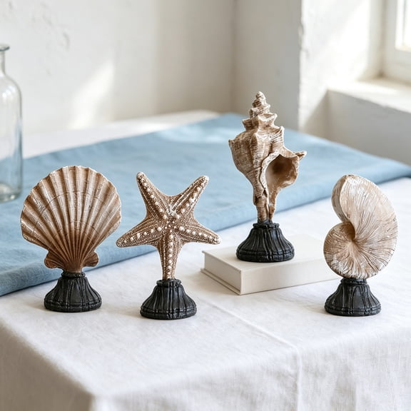 Synthetic Resin Artificial Conch & Shell Figurine Ornament, Minimalist Mediterranean Nautical Craft Decor, Elegant Tabletop Display Piece for Living Room Coffee Table Coastal Home Furnishing