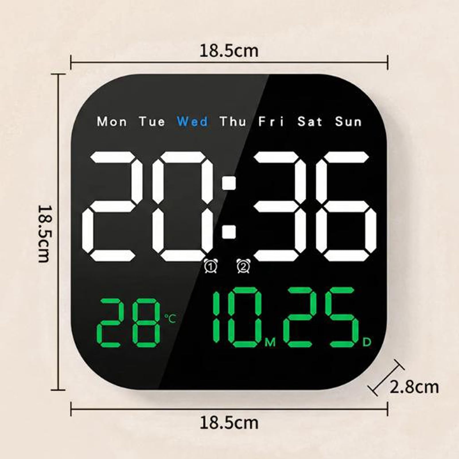 Multifunctional Digital Alarm Clock for Home & Office, Large LED Display with Remote, Hidden Desk Stand, Dimmable Wall Mount Calendar, Temp & Timer