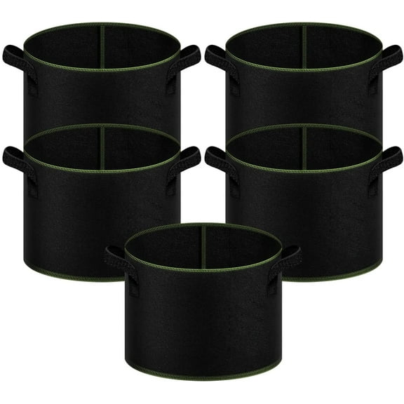 PRZL 7-Gallon 5-Pack Grow Bag Thickened Nonwoven Fabric Pots Heavy Duty Aeration Container with Strap Handles for Garden and Planting Vegetable Flowers, Black with Green Stitch Sewing