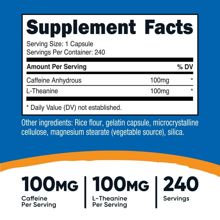 Nutricost Caffeine with L-Theanine Supplement, 100mg Each, 240 Capsules -  Walmart.com