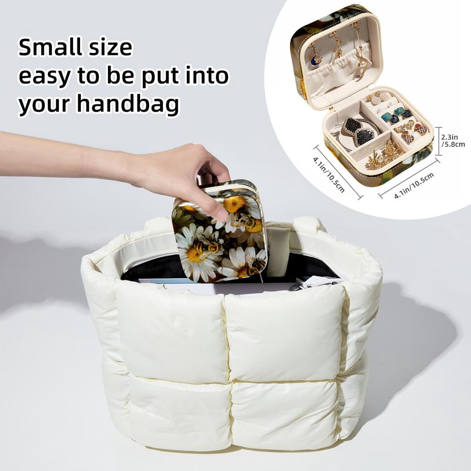 PhooArto Small Jewellery Box, Bees and Daisy Flowers Portable Travel Mini Jewelry Case for Women Leather Ring Organizer