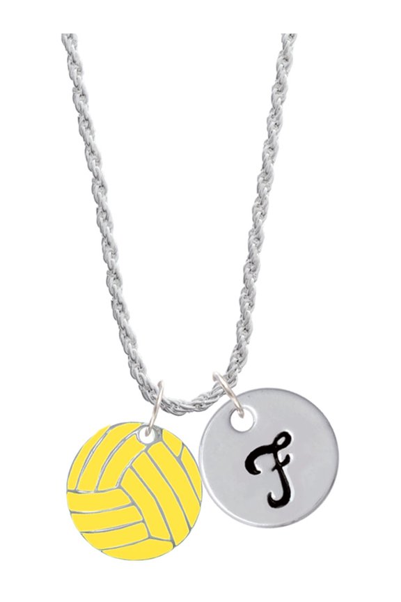 3/4'' Enamel Water Polo Ball Silvertone Script Initial Disc - F - Charm Necklace, 20"+3"