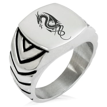 Stainless Steel Horned Dragon Chevron Pattern Biker Style Polished Ring