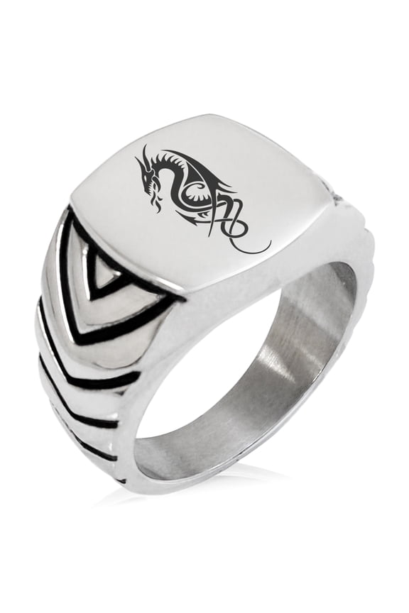 Stainless Steel Horned Dragon Chevron Pattern Biker Style Polished Ring