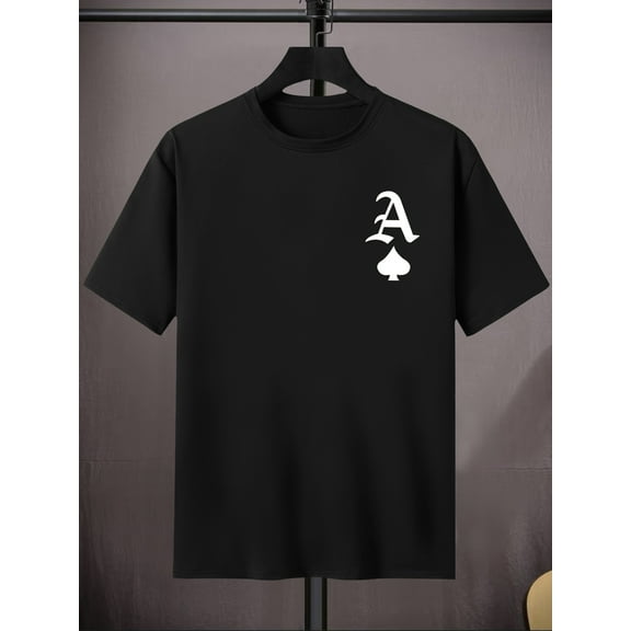 [95% Polyester Crew Neck T-Shirt] Men'S Casual Crew Neck T-Shirt with Ace of Spades Print, Polyester 95% Spandex 5% Knit Fabric, Regular Fit, Medium Stretch, for Teen & Adult - Spring/Summer/Fall