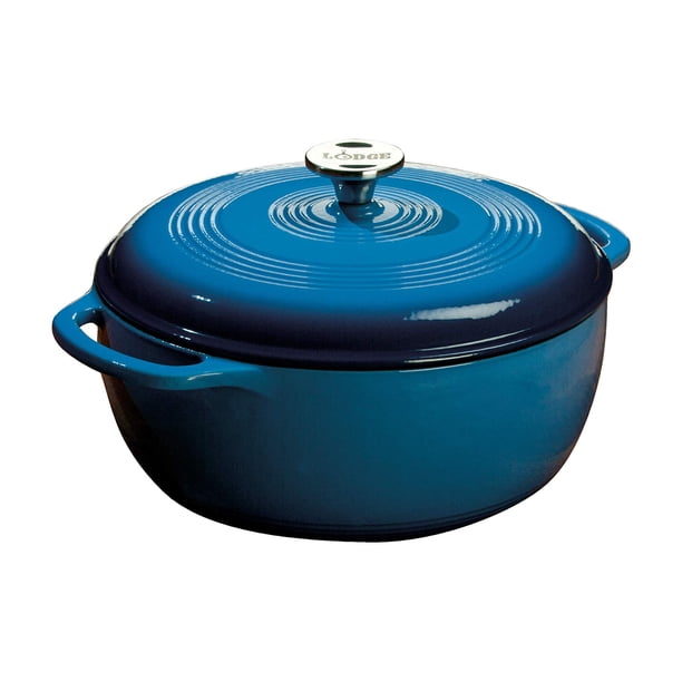 Horno holandés de hierro fundido esmaltado Lodge de 6 cuartos con tapa, asas dobles, apto para horno hasta 260 °C o estufa, para marinar, cocinar, hornear, refrigerar y servir, color azul