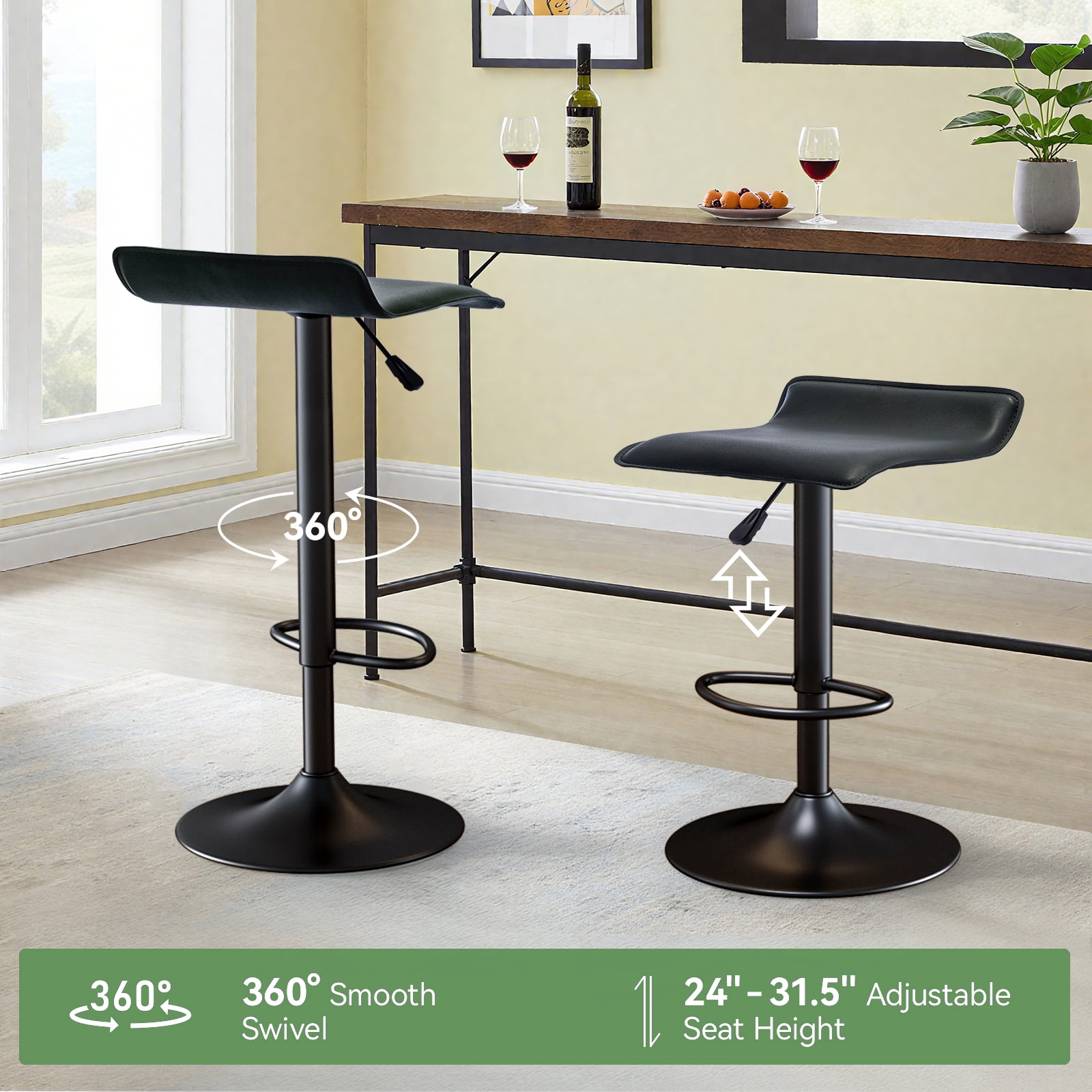 Backless Bar Stools Set of 2, 360° Swivel Adjustable Height PU Leather Bar Chairs, Modern Simple Counter Stools for Kitchen Island, Dining, Bar or Café Use (Black)