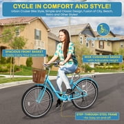 7 Speed 26IN Beach Cruiser Bike for Adult with Basket & Lock, Lightweight Step Through Women Bicycles, Shimano City Commuter Bicycle for Women Men, Shoping and Exercise