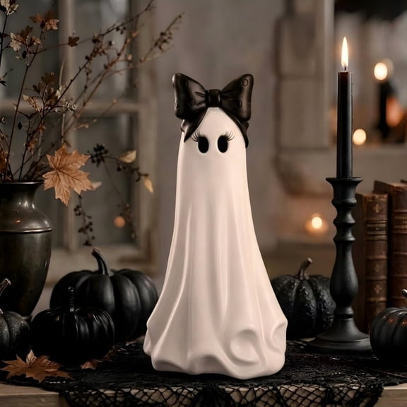 Halloween Ghost with Bow Tabletop Figurines Decoration, 7.87inch Black and White Ghost Ornament for Halloween Party