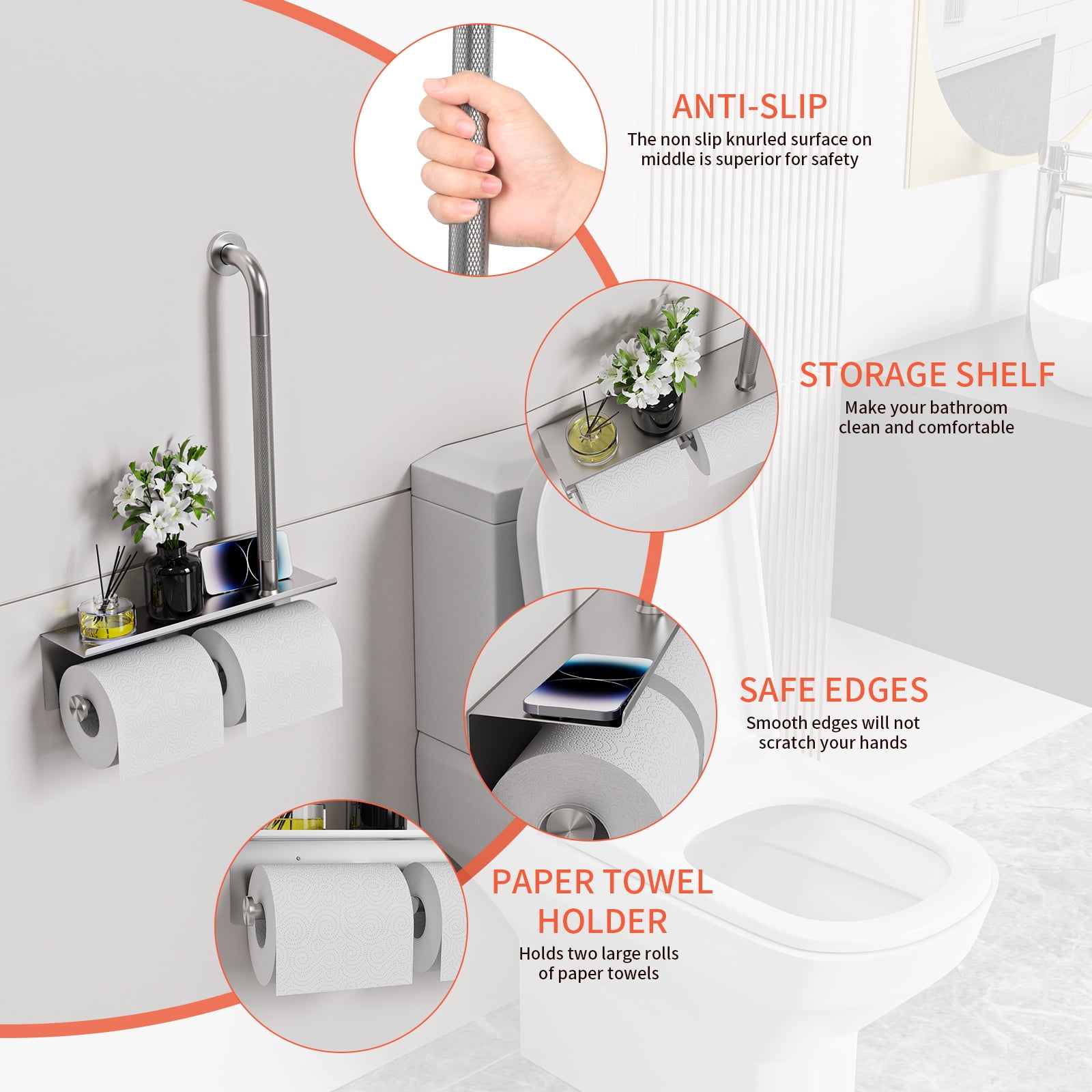 Bathroom Grab Bar with Shower Shelves, ZUEXT Brushed Nickel Toilet Paper Holder 3 in 1 Bathroom Organizers and Storage, Anti Slip Stainless Steel Safety Hand Rail for Handicap Elderly Senior Assist