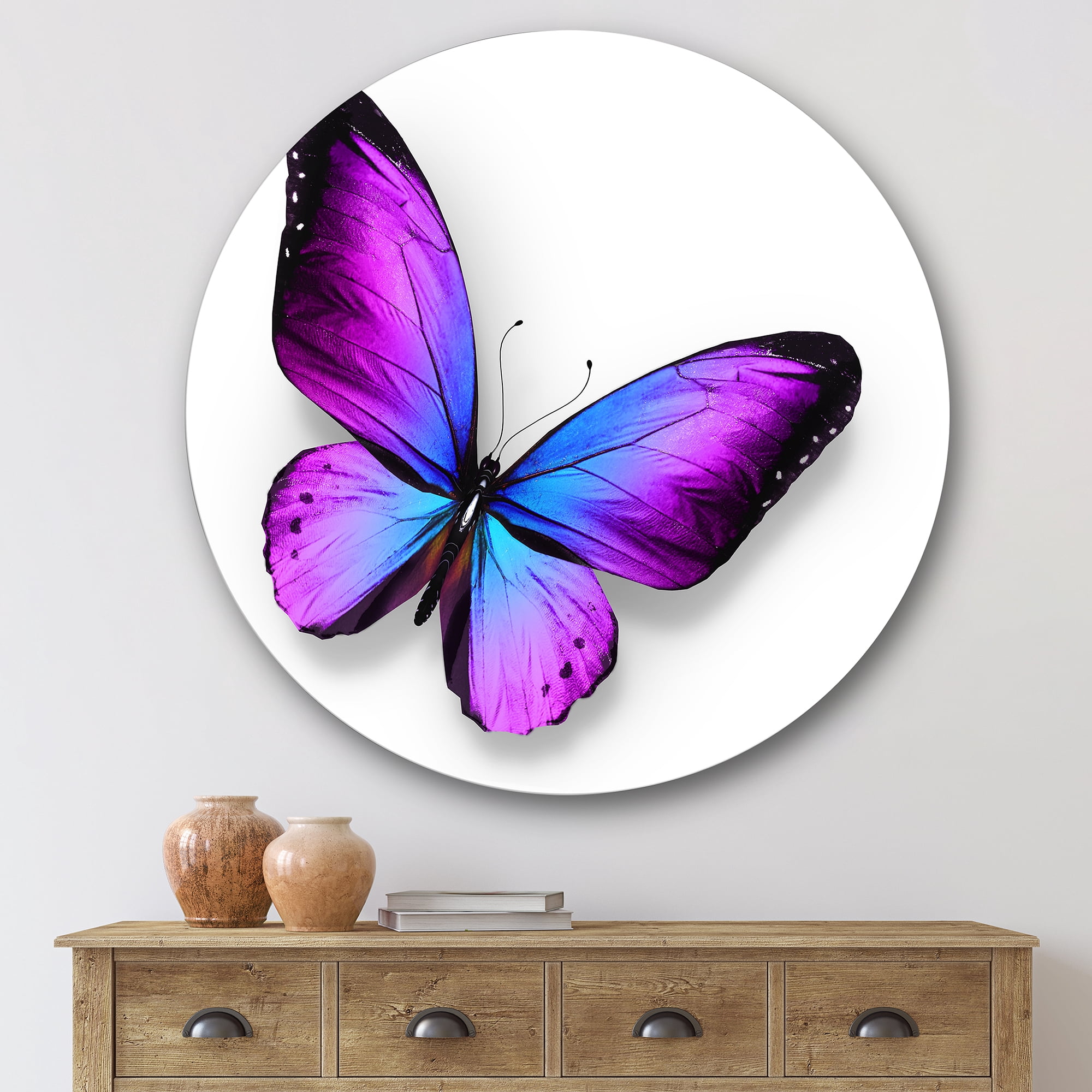 Designart 'Blue and Violet Butterfly' Modern Circle Metal Wall Art 36x36 - Disc of 36