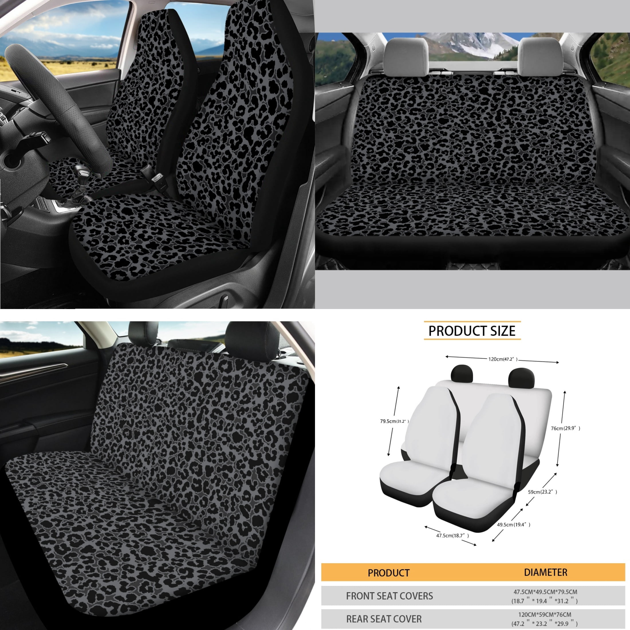 HUIACONG Black Leopard Print Pattern Car Accessories Full Set, with Car Seat Belt Pad Armrest Cushion Car Safety Strap Cover Car Cup Holder Mats