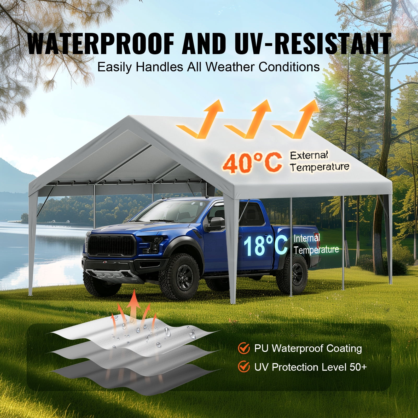 KFFKFF 13 x 20 Feet Carport Replacement Canopy Car Parking Tent Cover Gray