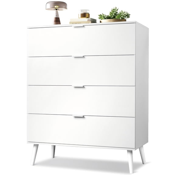 GALAXHERO 4 Drawer Dresser for Bedroom, Wood Chest of Drawers, Organizer Unit with Metal Handle for Living Room, Closet, Hallway, White