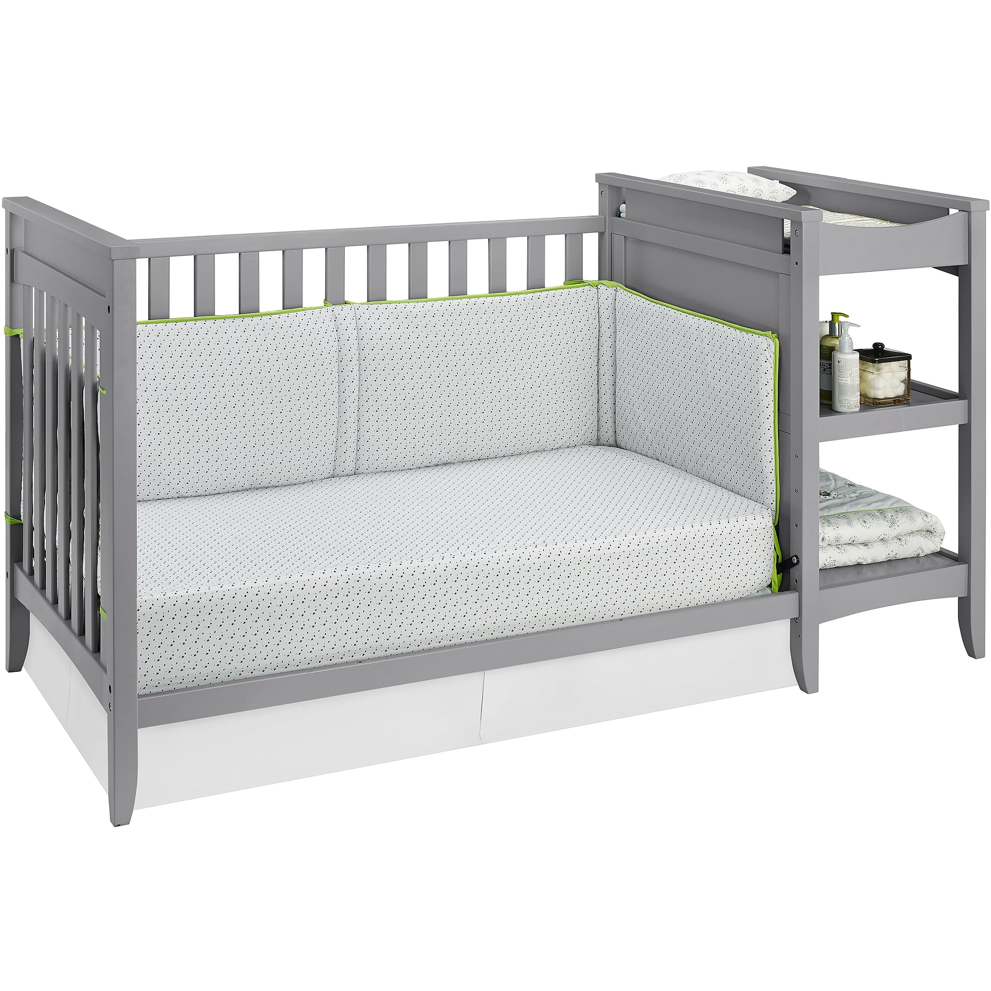 gray crib with changing table