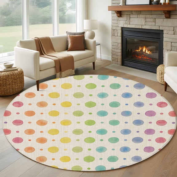 Colorful Polka Dot Round Area Rug 7Ft Washable Circle Rugs for Dorm Laundry Room, Cartoon Watercolor Geometric Beige Non-Slip Carpet Floor Mats Indoor Outdoor Carpet Runner Aesthetic Home Decor