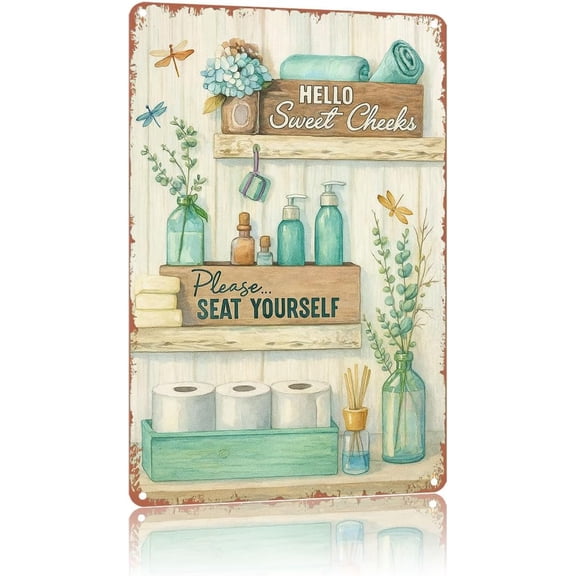 Rustic Bathroom Wall Art Decor Tin Metal Sign, Home Wall Poster Plaque, 12 x 8 Inch