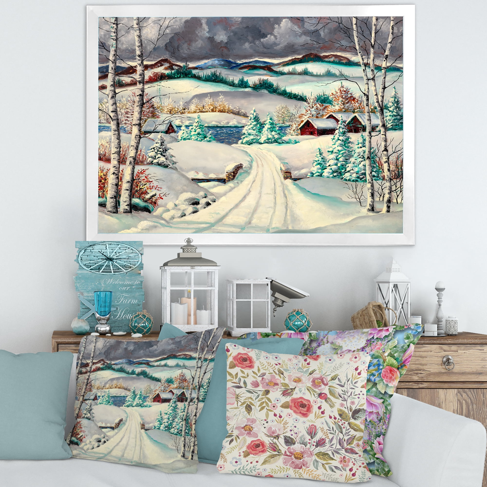 Designart 'Snowy Road In Countryside Winter Landscape' Traditional Framed Art Print