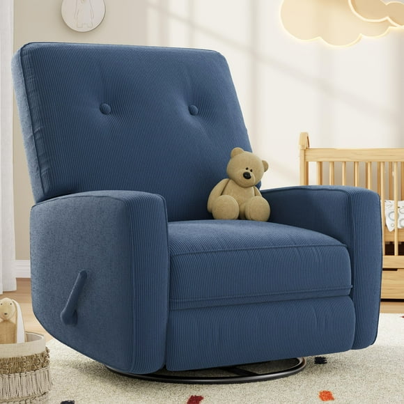 360° Swivel Recliner Rocking Chair for Adults – Adjustable Backrest & Footrest – Corduroy Upholstered, Comfortable Glider Armchair for Living Room, Bedroom, Nursery – Blue Corduroy