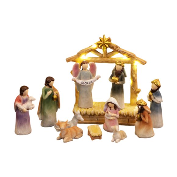 Tnarru Christmas Nativity Figurines with LED Lights Religious Decoration Mini Nativity Scene Set for Indoor Outdoor Shelf Xmas Party Multi