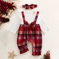 thumbnail image 4 of Pandaie Infant Baby Girls Plaid Suspender Romper Set Ruffle Long Sleeve Ribbed Bodysuit Bow Headband Holiday Photo Shoot Daily Casual Outfits Wine,3-6 Months, 4 of 7