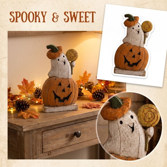 Halloween Spooky Ghost Sitting on Pumpkin Resin Figurine Cute Spirit with Lollipop and Jack-O-Lantern Statue for Autumn Party Tabletop Decoration
