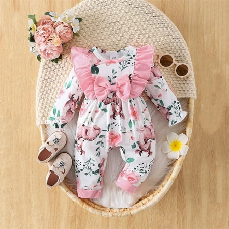 

Toddler Girls Outfit Sets Autumn Winter Round Collar Long Sleeve Ruffled Bow Fashion Jumpsuit Long Climbing Outwear