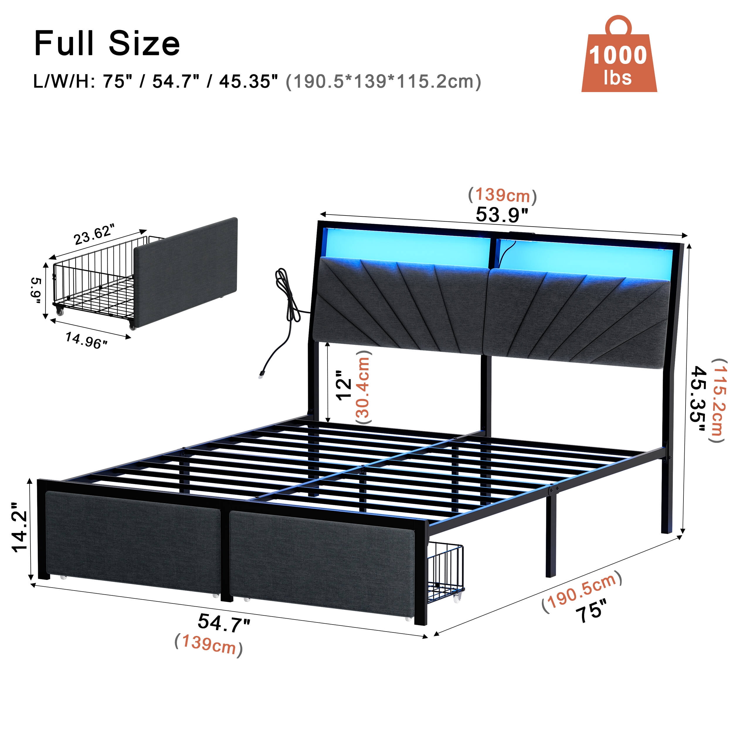 GUNAITO Full Bed Frame with Storage Drawers, Platform Bed with Ergonomic Tilted Upholstered Headboard , Metal Bed with Charging Station and LED, Dark Gray