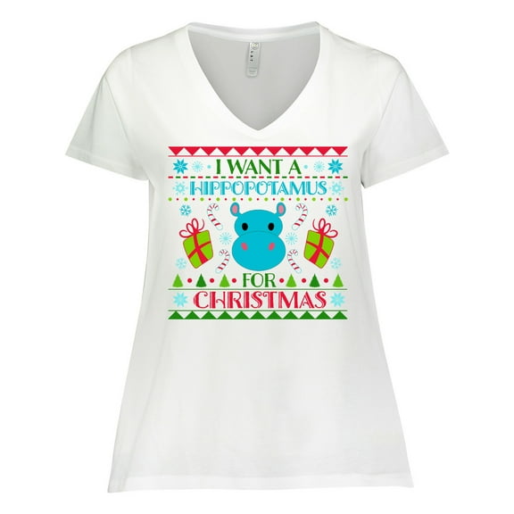Inktastic I Want a Hippopotamus for Christmas Cute Ugly Sweater Women's Plus Size V-Neck T-Shirt