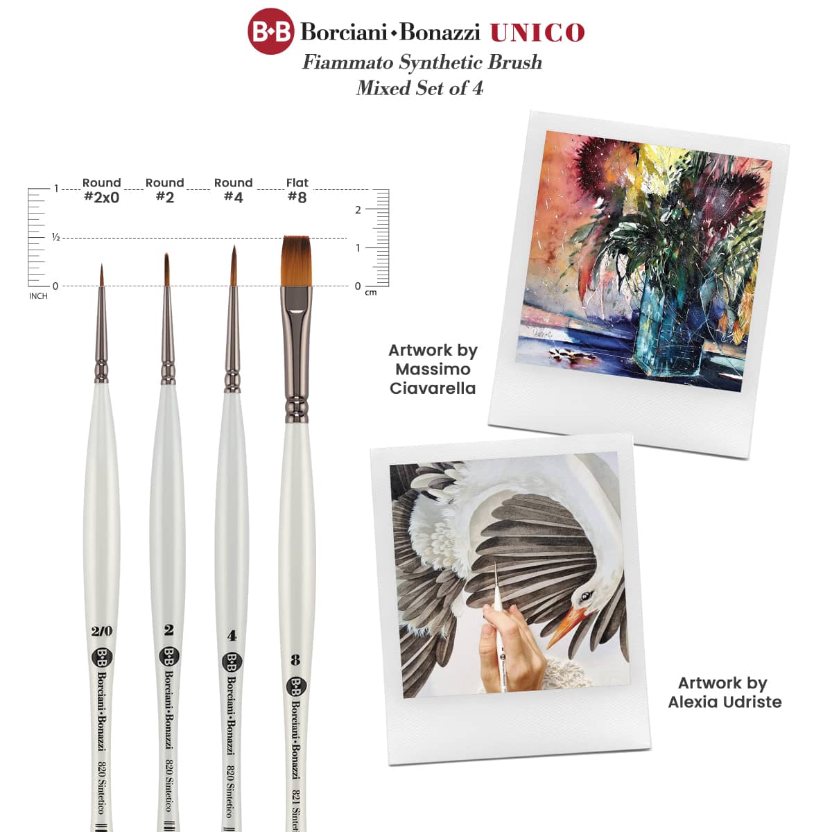 Borciani e Bonazzi Unico Fiamatto Synthetic Paint Brush, Assorted Set of 4 - For Acrylic and Watercolor Painting - Ergonomic Handle, Animal-Friendly, Brass Ferrule, Handcrafted in Italy