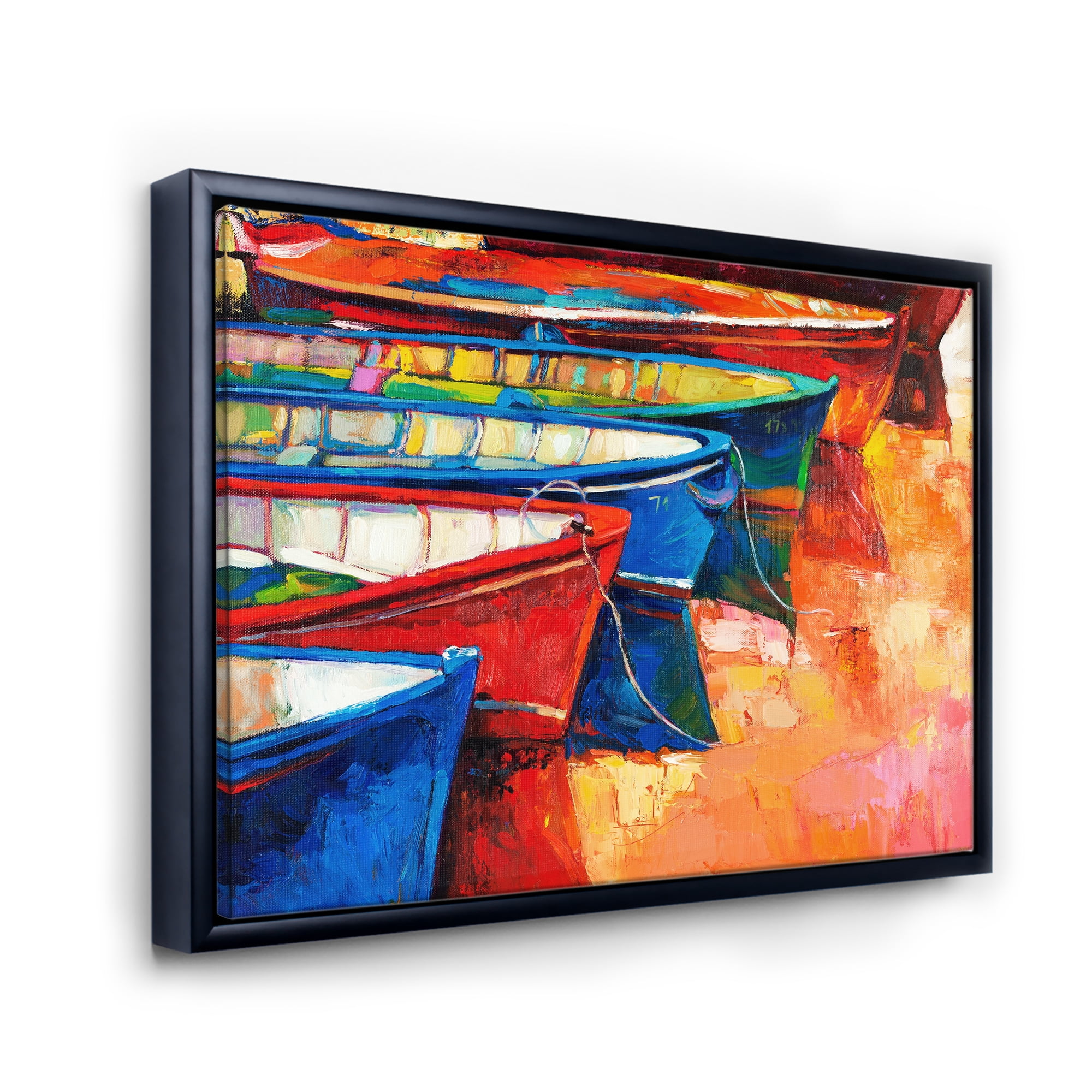 Boats During Warm Colourd Sunset In The Harbor II 32 in x 24 in Framed Painting Canvas Art Print, by Designart
