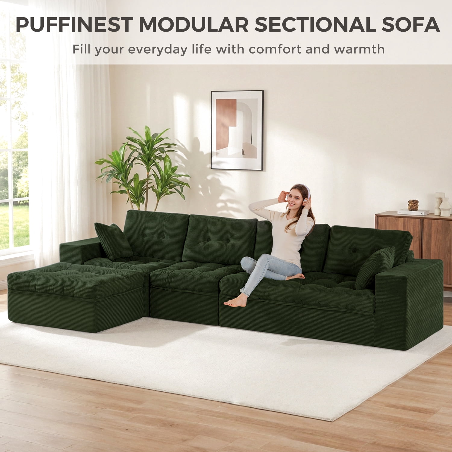 BYBYME 130"Oversized L-Shaped Sectional Sofa Cloud Boneless Modular Couch,Upholstered Sofa with Convertible Left/Right Ottoman for Living Room Bedroom,No Assembly,DGreen